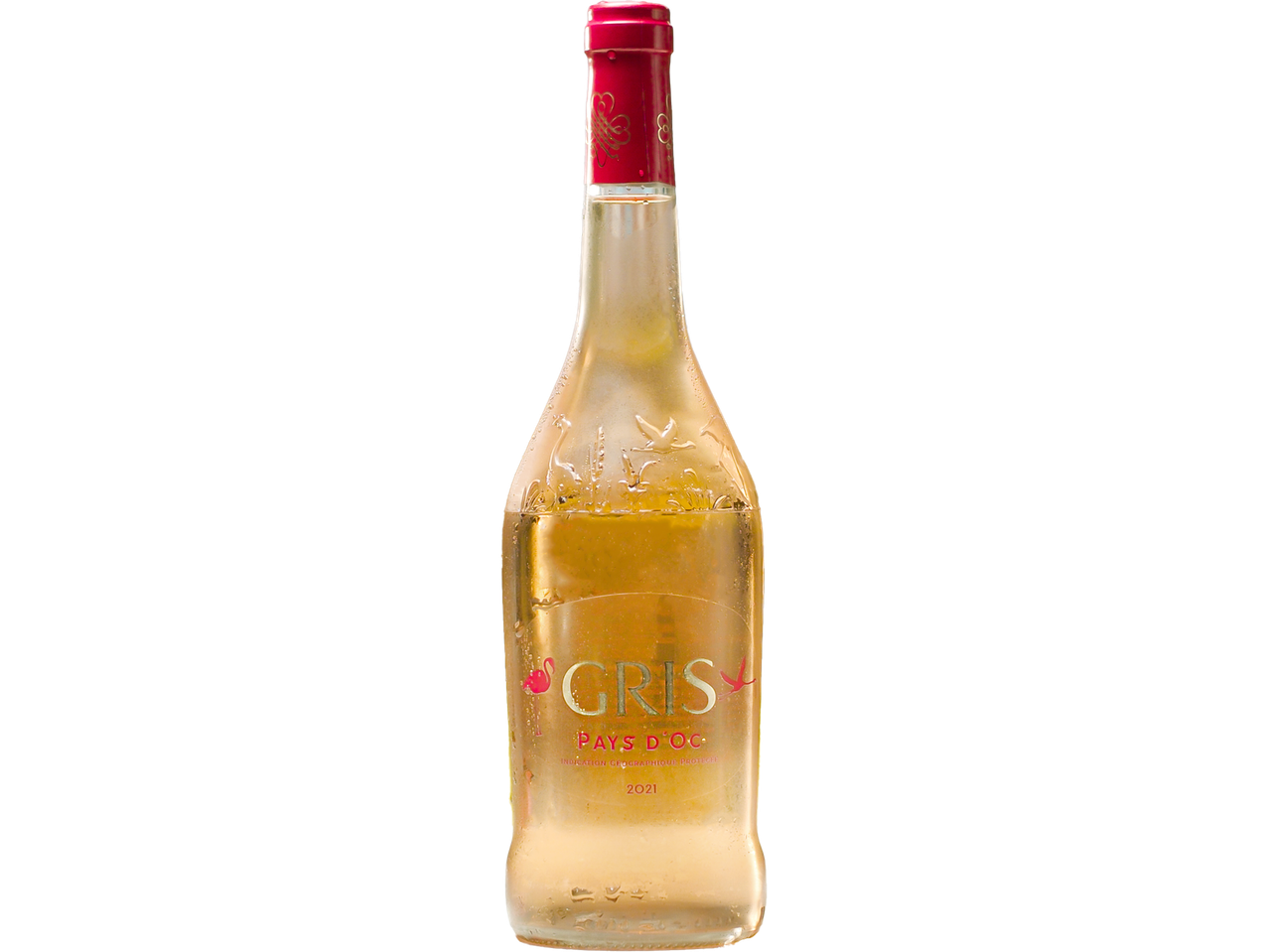 Bottle of Gris Pays d'Oc wine, 2021.