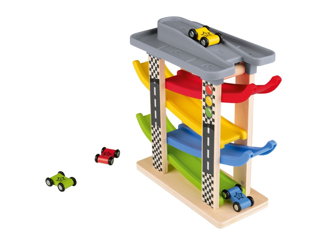 Wooden car ramp toy with colorful tracks and small wooden cars