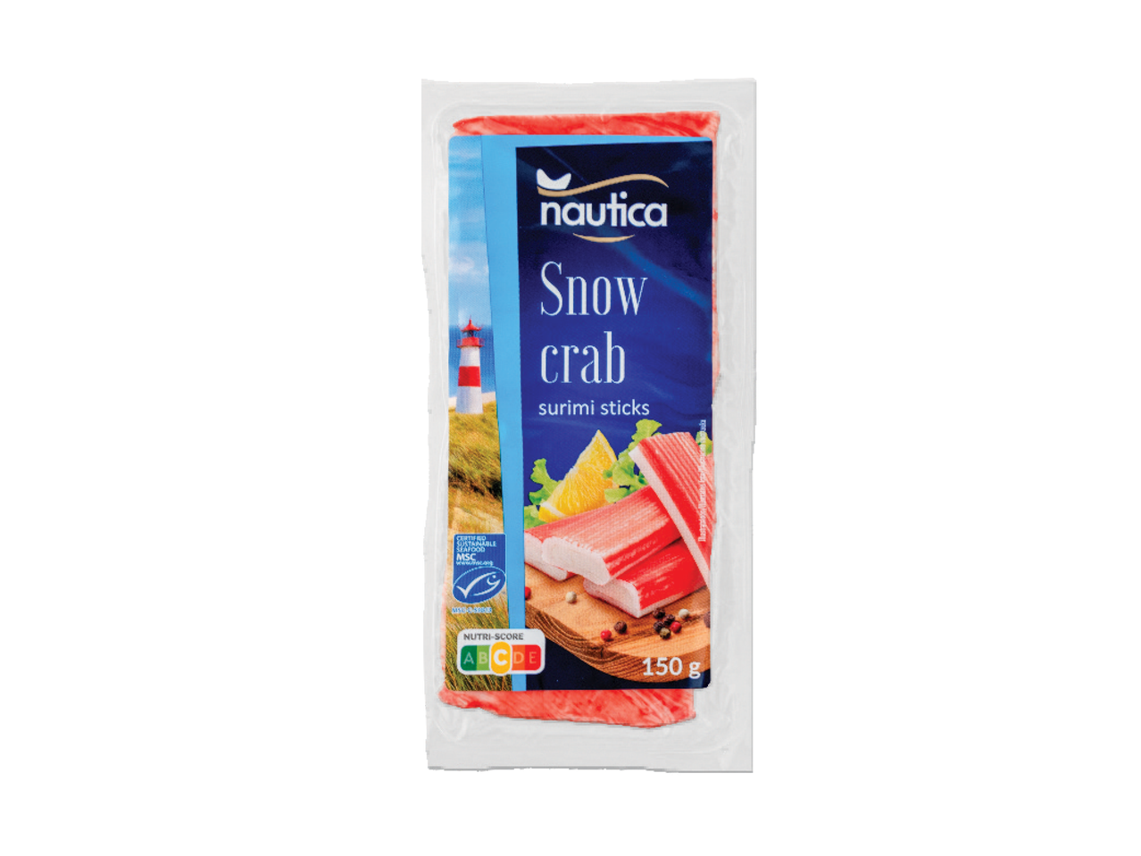 Nautica Snow crab surimi lazdelės, 150 g pakuotė su Nutri-Score A ženklu.