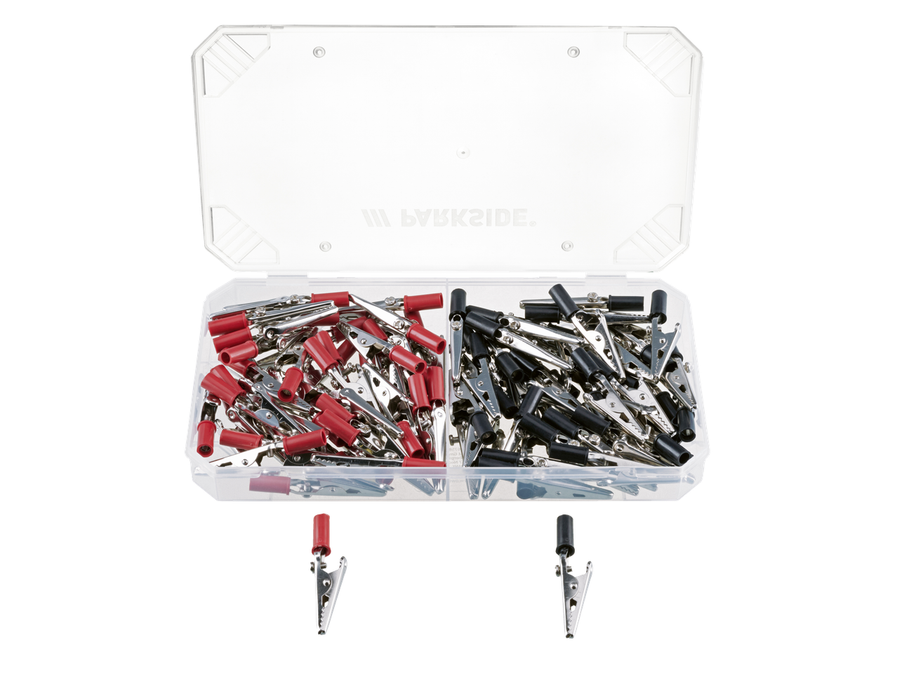 Set de elemente de fixare speciale PARKSIDE cu cleme crocodil roșii și negre într-o cutie transparentă.