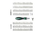 A comprehensive set of screwdriver bits and a screwdriver handle, including various sizes and types of bits.