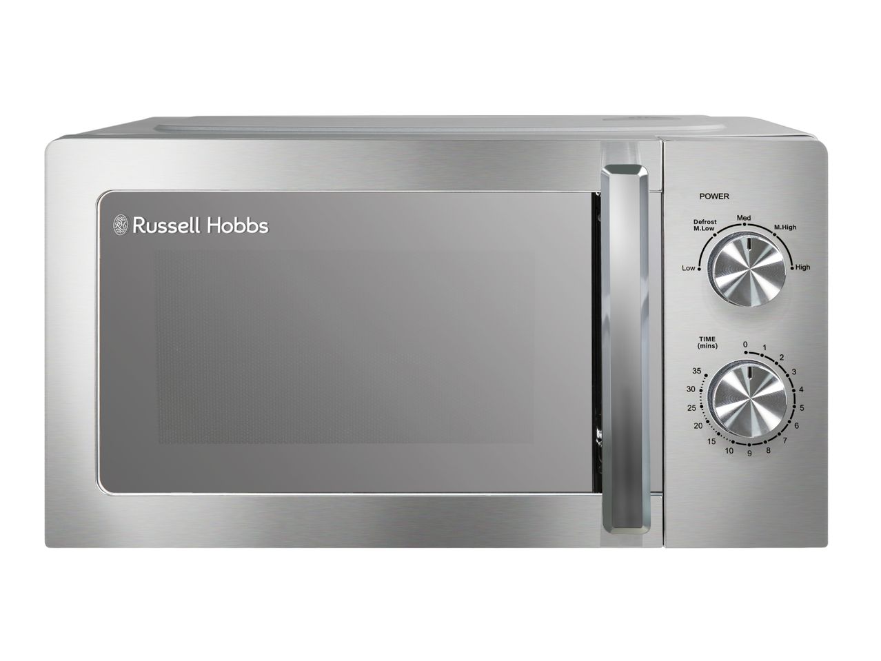 Stainless steel microwave oven with two control dials for power and time settings.
