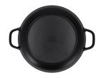 Black cast iron pan with two handles, bottom view, on a white background.