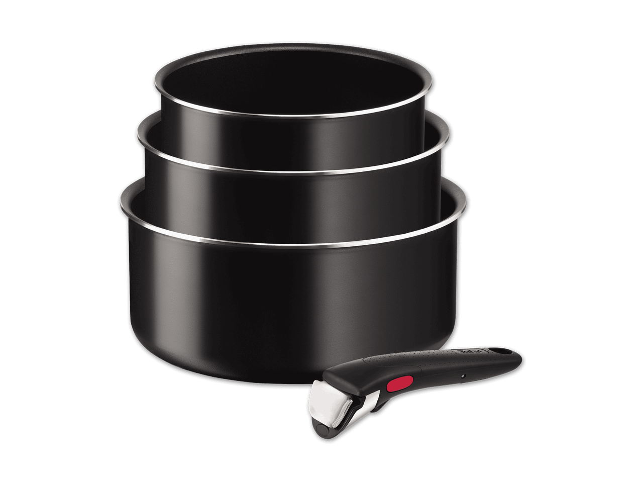 Tefal-Kochtopf-Set: Drei schwarze Töpfe mit abnehmbarem Griff.