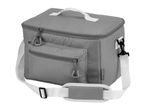 Grey cooler bag with a top handle, front pocket, and adjustable shoulder strap.
