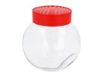 A clear glass jar with a red lid.