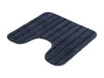A dark blue, U-shaped bath mat with textured stripes.
