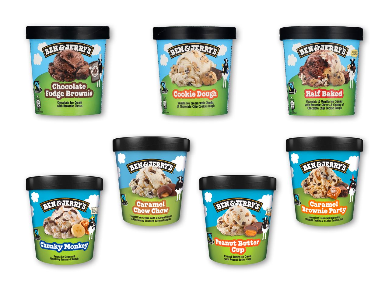 Seks Ben & Jerry's isbøtter, der viser forskellige smagsvarianter som Chocolate Fudge Brownie og Cookie Dough.