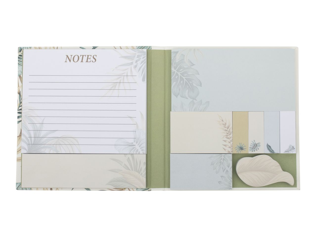 Tropical-themed stationery set with a 'NOTES' notepad, sticky notes, and leaf-shaped tabs.