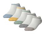 Five pairs of white ankle socks with colorful toes and stripes, including blue, yellow, green, grey, and brown.