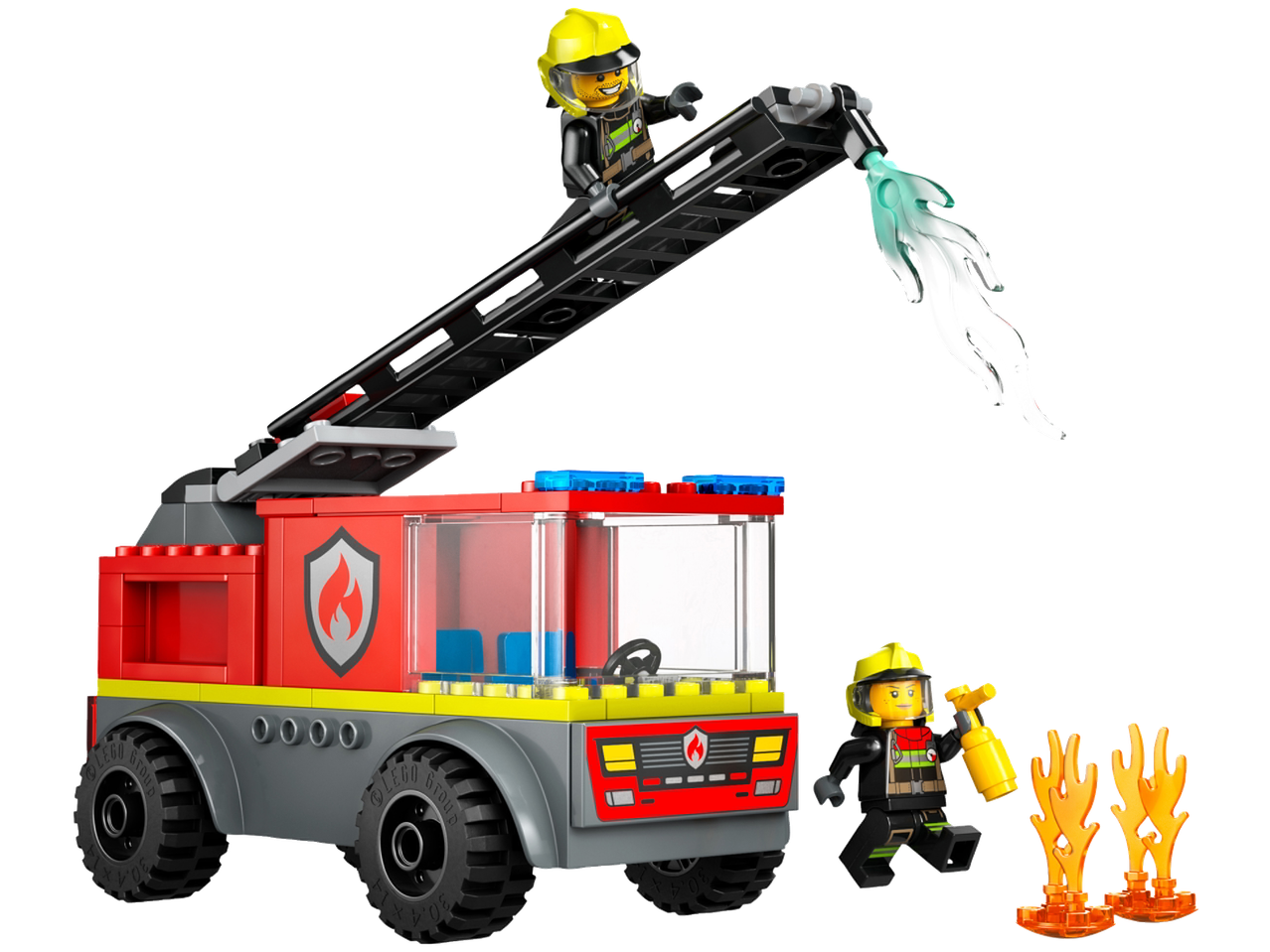 Toy fire truck with an extended ladder, two firefighter figures, and flame accessories.