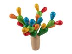 Colorful wooden balancing toy with letters, shaped like a cactus in a pot.