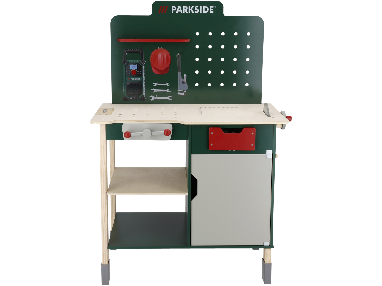 Parkside medinis darbo stalas su įrankiais ir priedais.