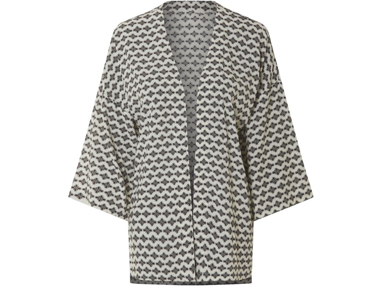 An off-white kimono with a dark pattern.