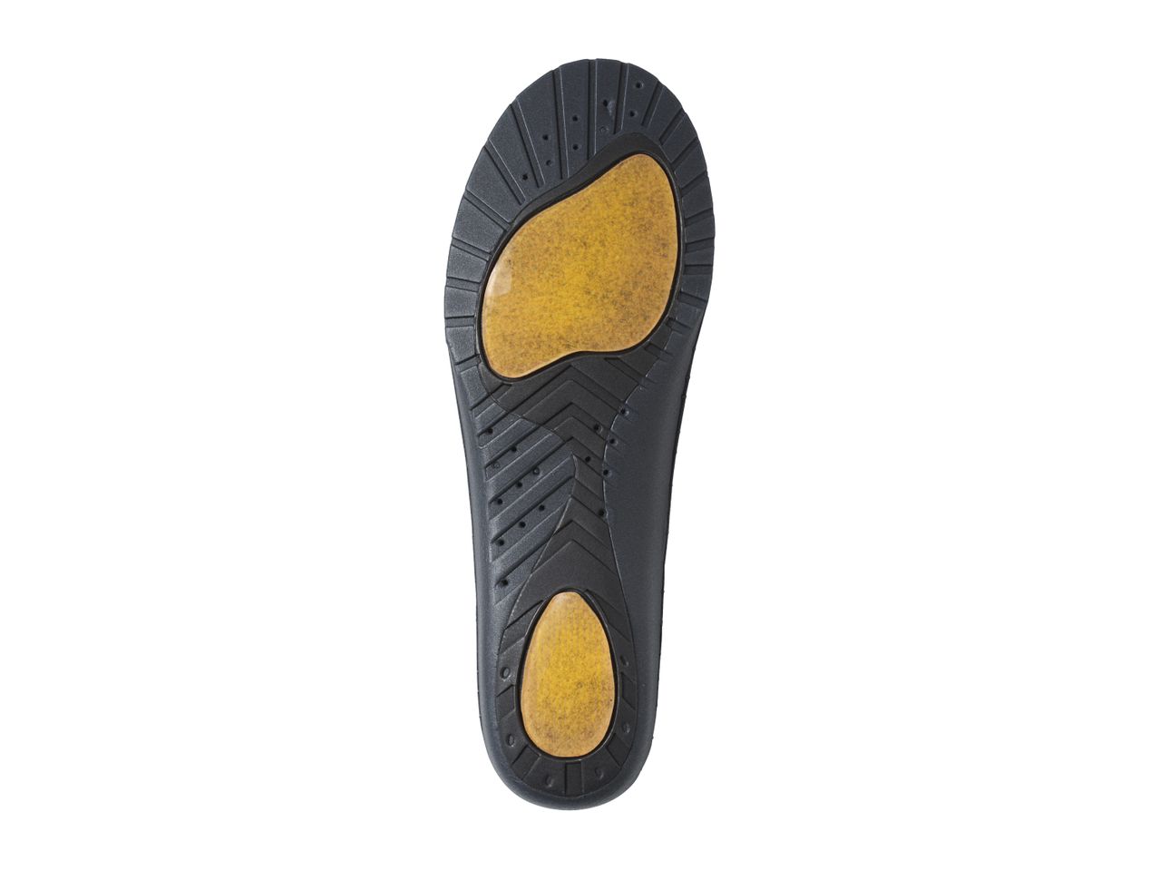 A black shoe insole with a yellow gel heel cushion.