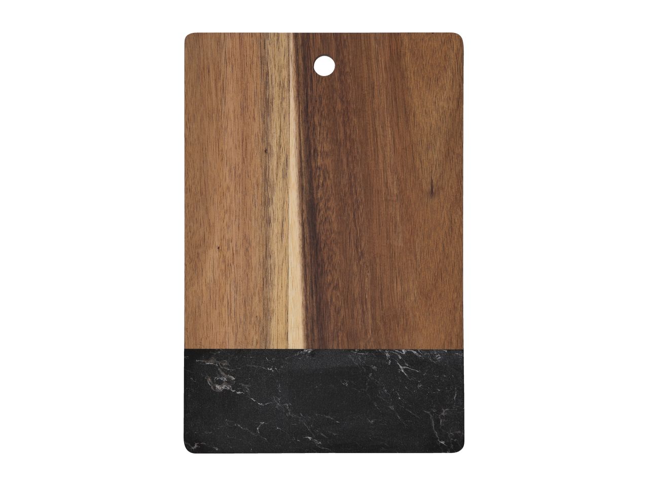 Wooden and marble cutting board with a hole for hanging