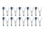 Eighteen blue and white star-shaped clothespins.