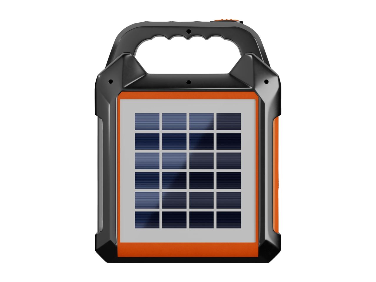 Portable solar panel charger with an orange frame and black handle.