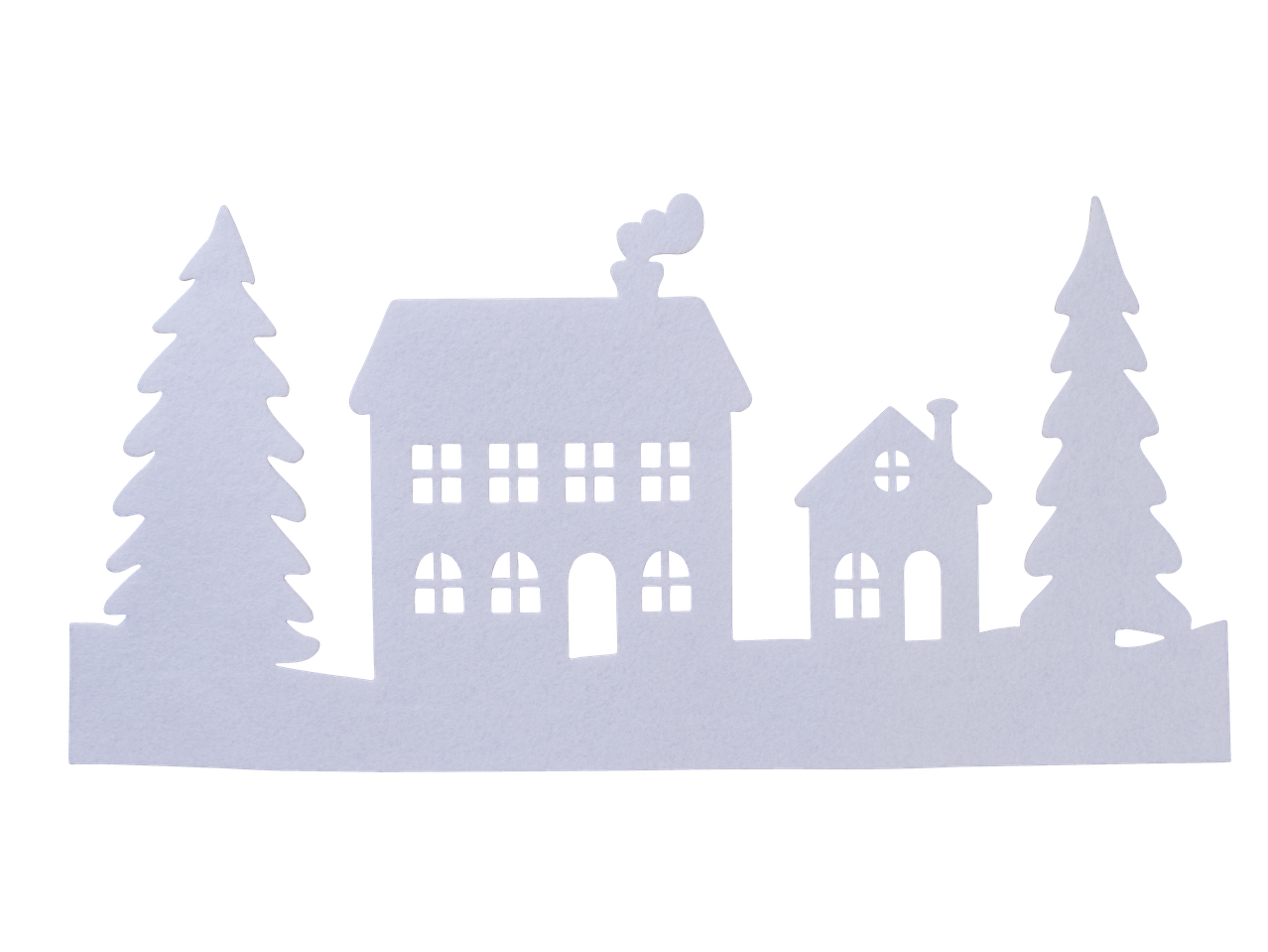 LIVARNO home LED Window Decoration: White felt houses and trees silhouette on black background.