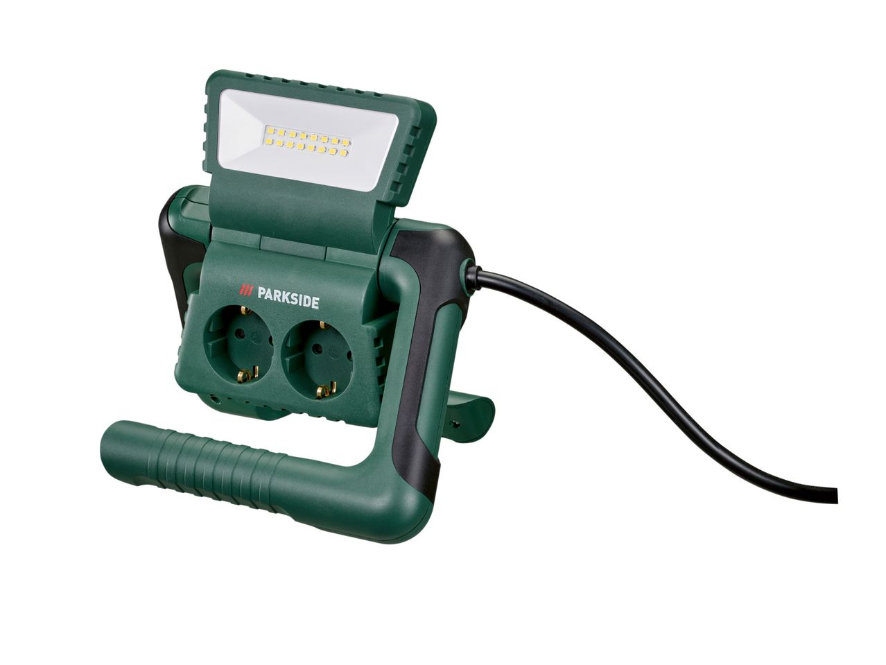 A green LED work light with two integrated power sockets.