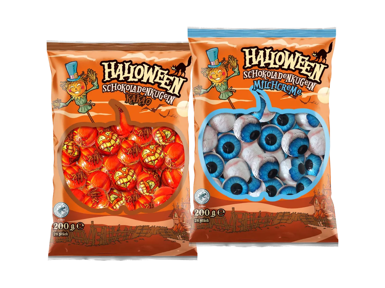 Zwei Halloween-Schokoladenkugel-Packungen: Kakao mit Kürbisgesichtern und Milchcreme mit Augen.