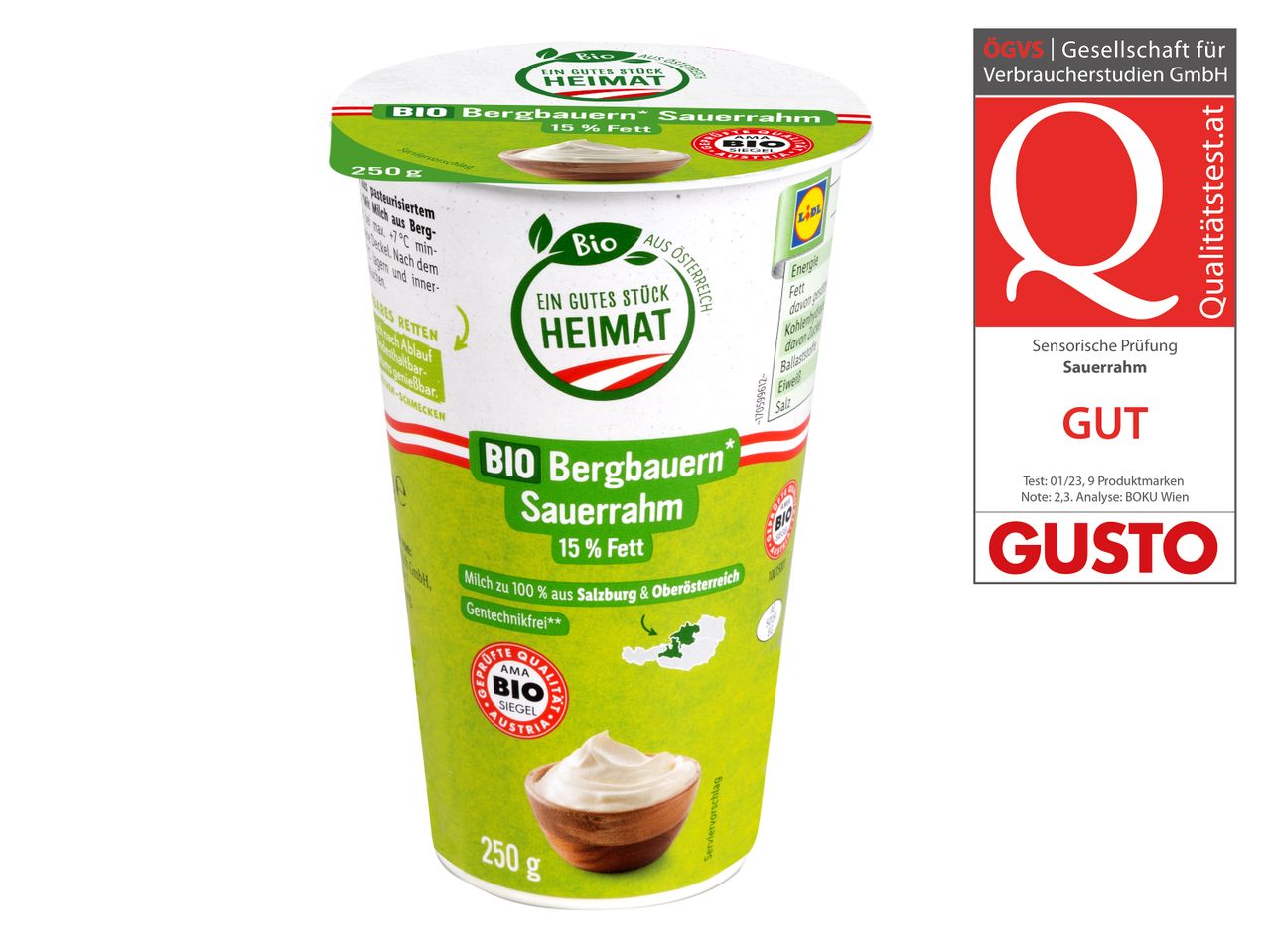 Bio Bergbauern* Sauerrahm 15% Fett, Lidl Produkt, Qualitätsprüfung bestanden.