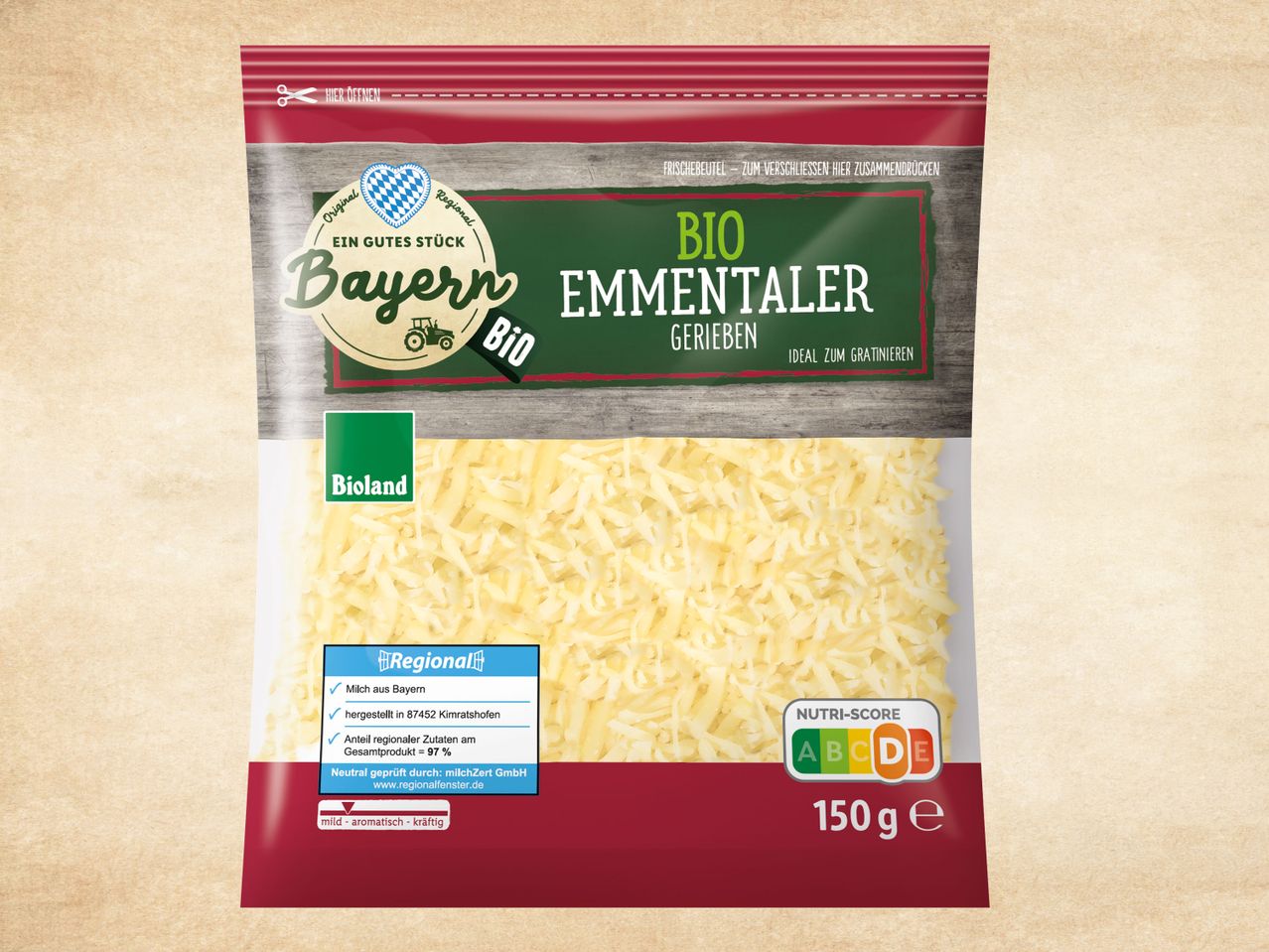 Bioland Bio Emmentaler geriebener Käse, bayerische Milch.