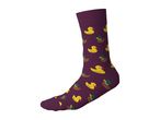 Purple crew sock featuring a pattern of yellow rubber ducks and mallards