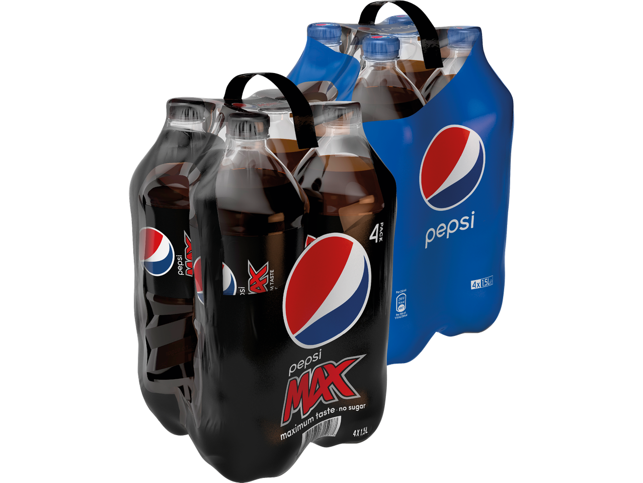 Pepsi Max och Pepsi läsk i 4-pack, 1,5 liters flaskor.