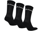 Three black Reebok adults' sports socks with white logo text.