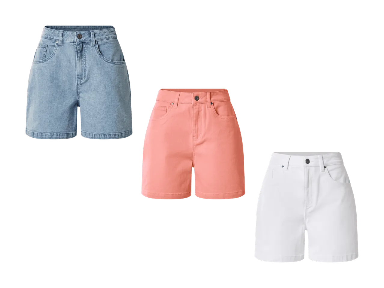 Trois shorts en jean de couleur bleu clair, corail et blanc.
