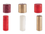 Sechs Stumpenkerzen in Rot, Gold und Weiß, in verschiedenen Größen.