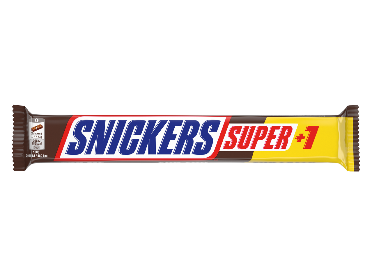 Шоколадов десерт с надпис „SUPER +1“ и информация за хранителната стойност.