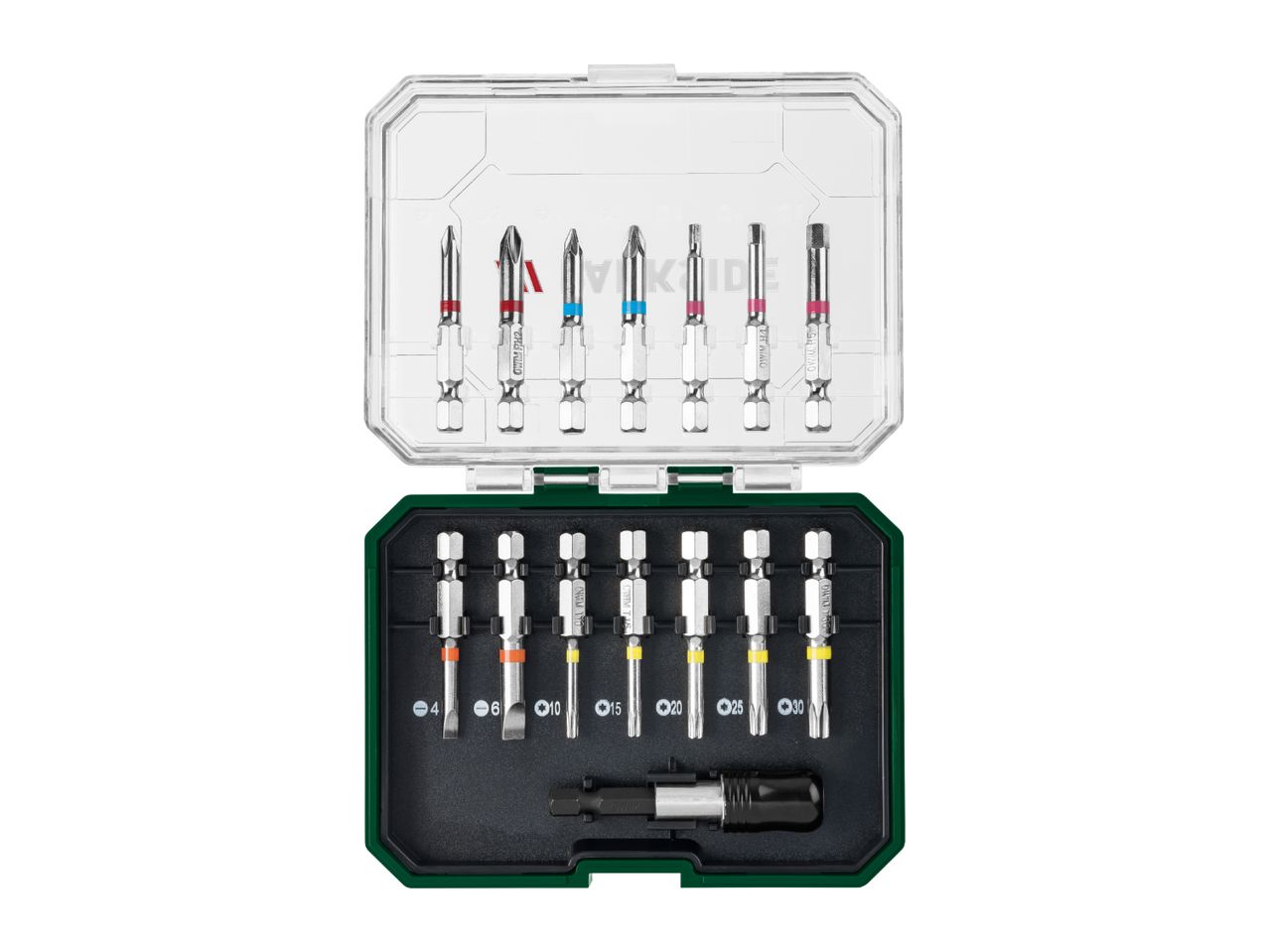 Screwdriver bit set with various bits including flat, Phillips, Torx, and hex, in a clear and green case.
