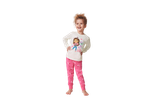 A child in Gabby's Dollhouse themed pajamas with a white top and pink heart-patterned bottoms.