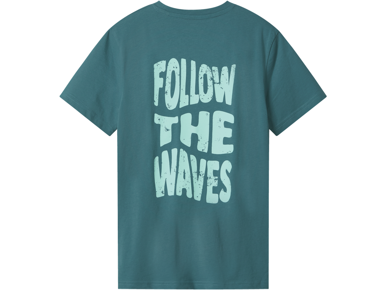 ESMARA KIDS póló türkizkék alapon, „FOLLOW THE WAVES” felirattal.