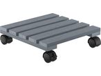 Carrello a rotelle in legno grigio con doghe e quattro ruote nere.