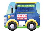 A blue tractor-shaped children's book with text about farming and developmental milestones.