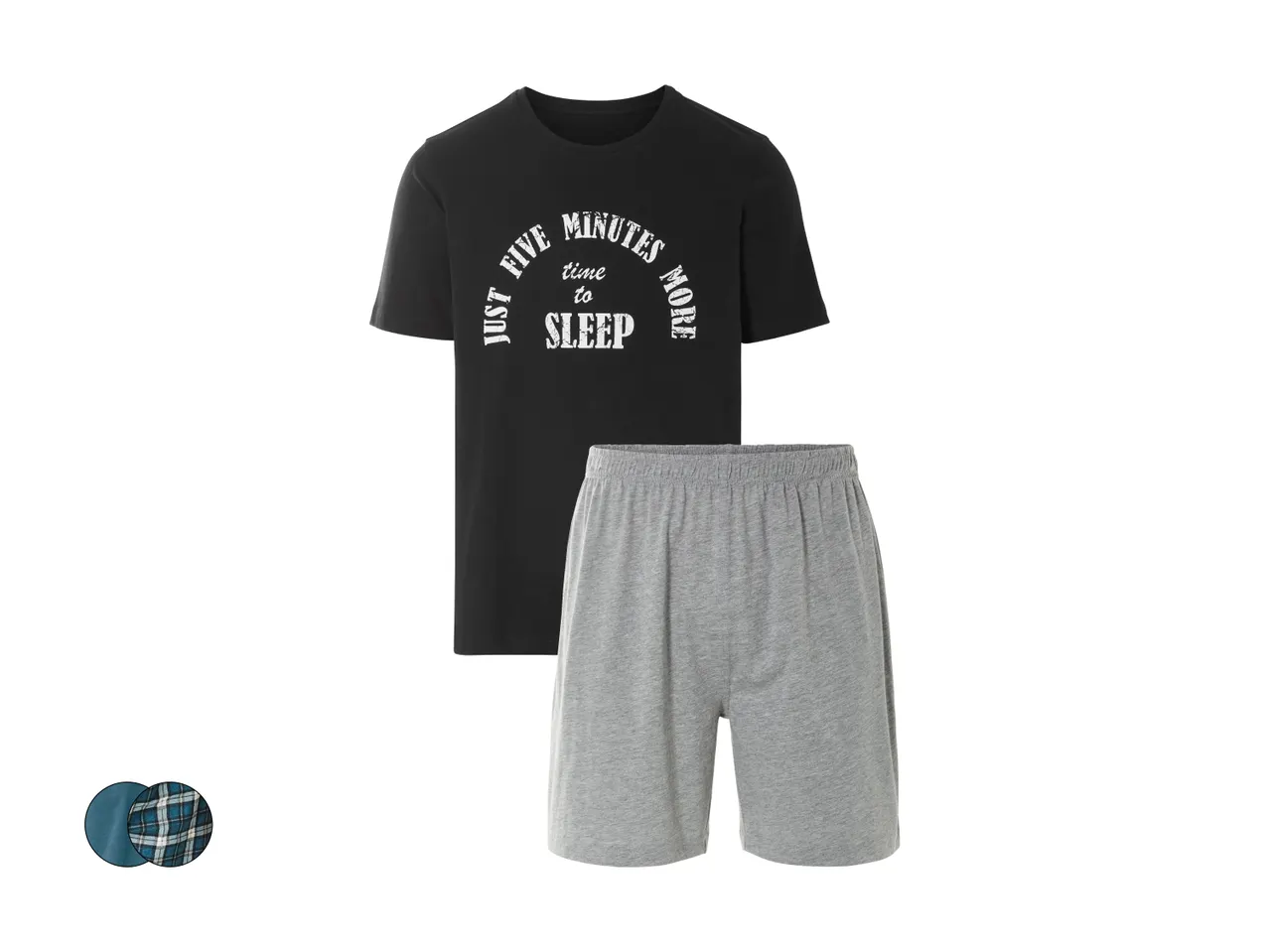 Schwarzes und graues Herren-Pyjama-Set mit bedrucktem T-Shirt.