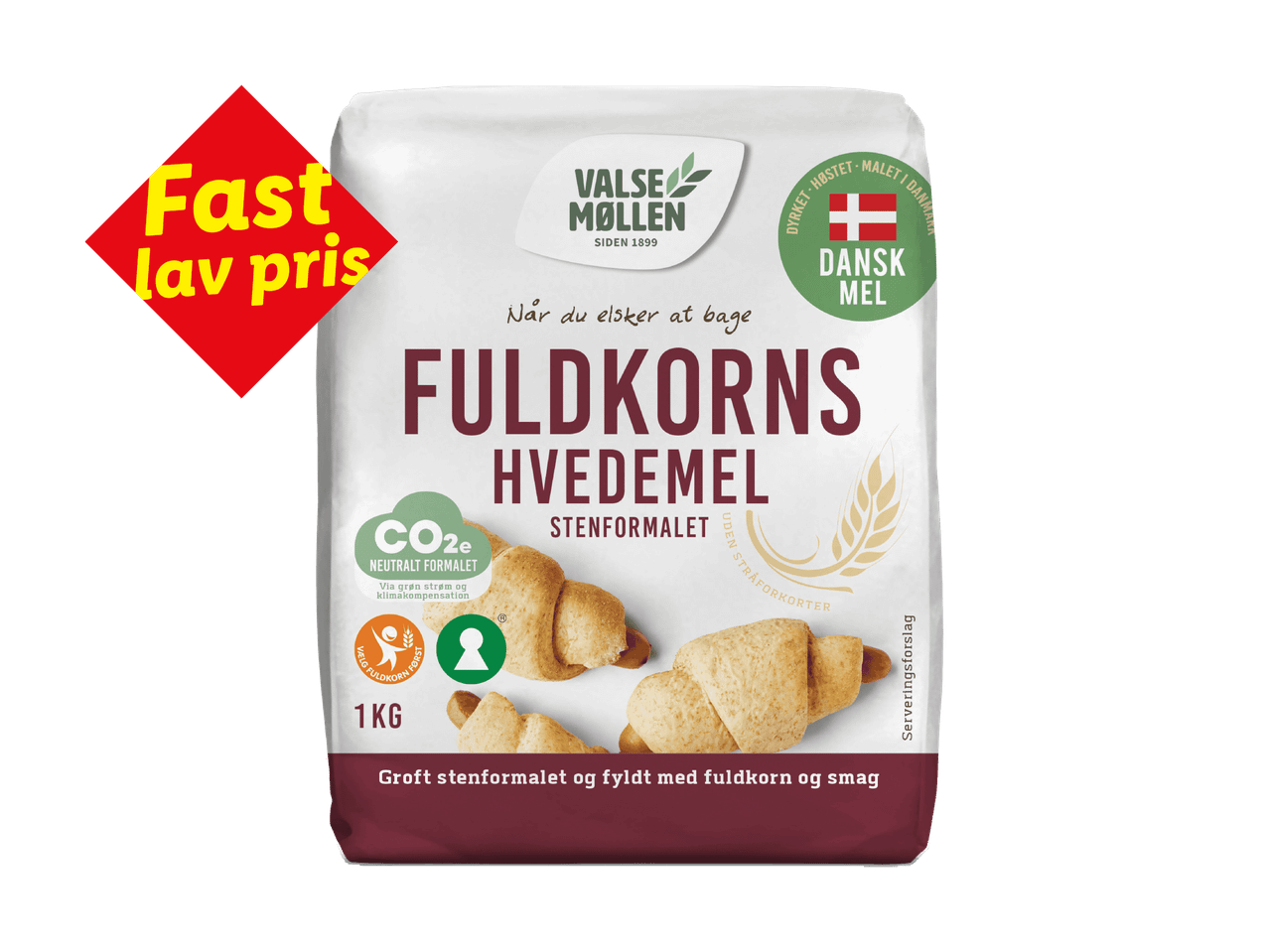 Hvid pose med fuldkornshvedemel, mærket med 'Fast lav pris' og 'Danish mel'.