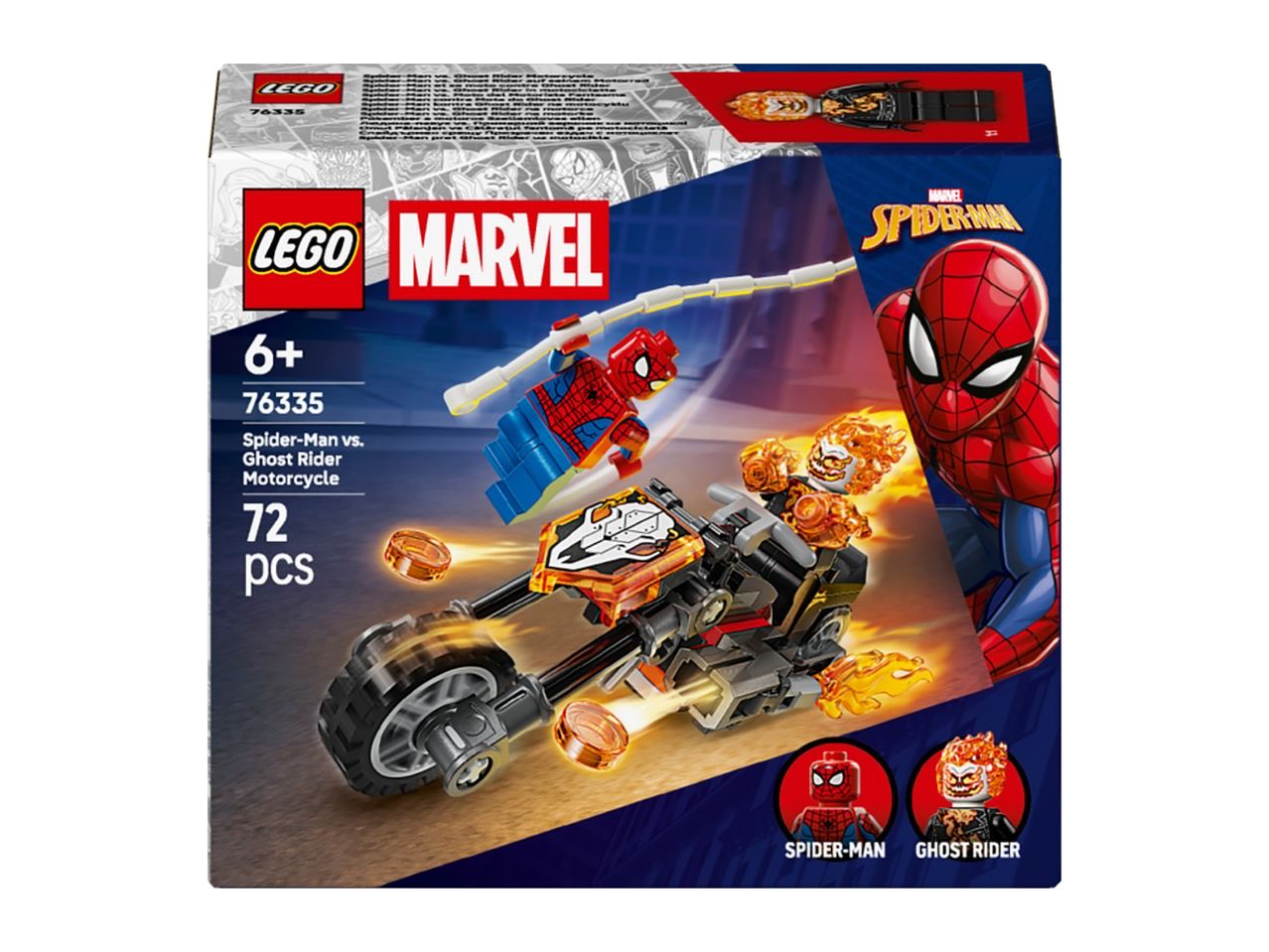 Toy set box featuring Spider-Man and Ghost Rider with a motorcycle, 72 pieces, for ages 6+
