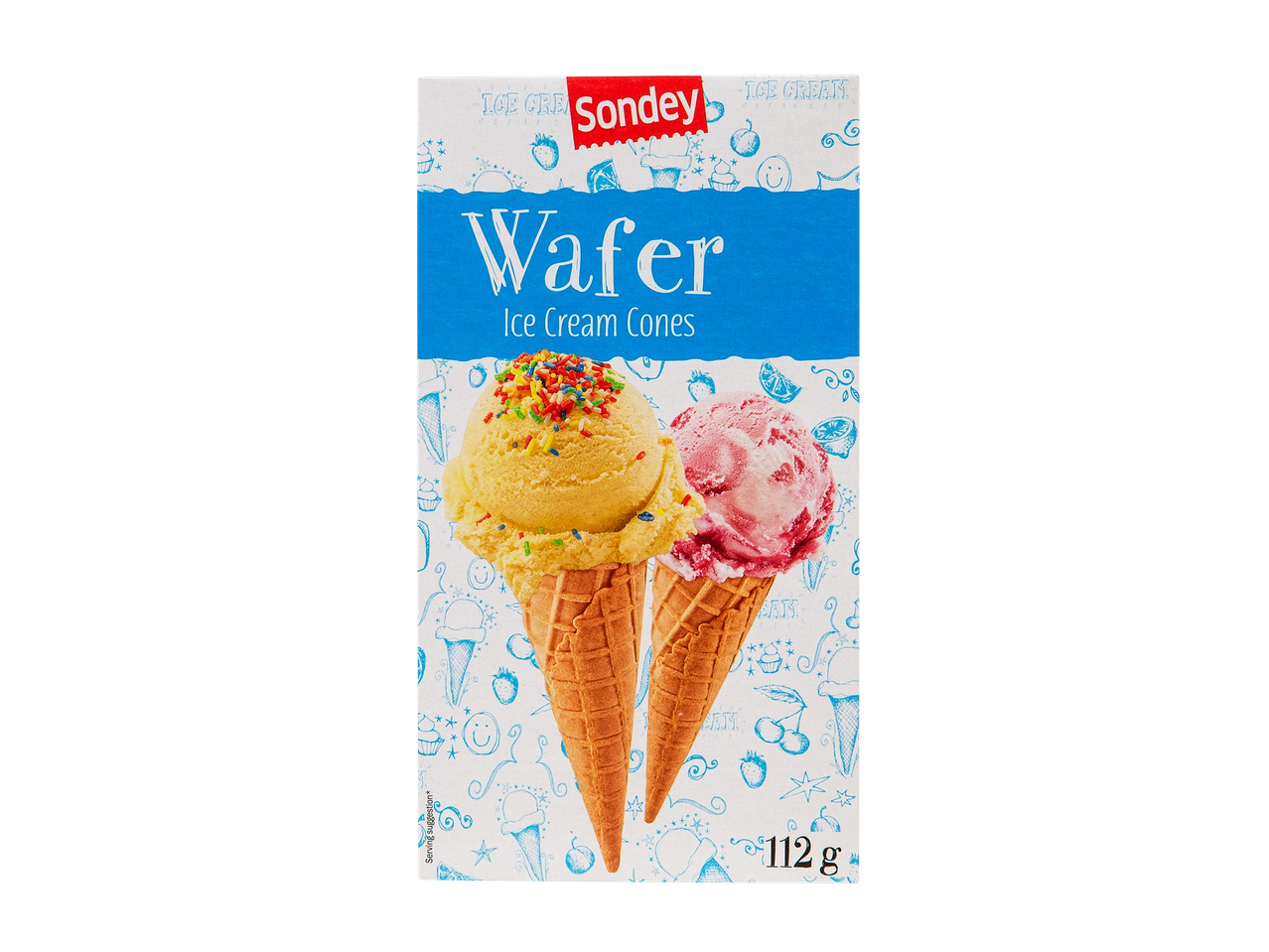 Jäätelötötteröpakkaus, jossa on kaksi jäätelötötteröä ja teksti 'Wafer Ice Cream Cones'.