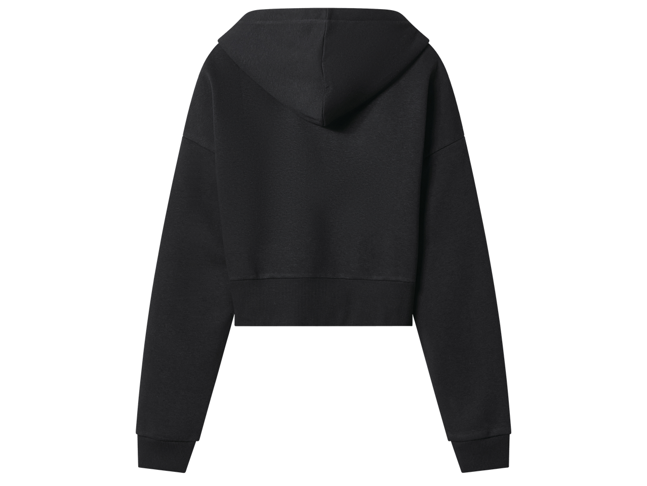 Черен дамски къс суитшърт с качулка, изглед отзад