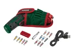 A Parkside cordless screwdriver with a green and red fabric case, various screwdriver bits, a bit holder, and a USB charging cable.