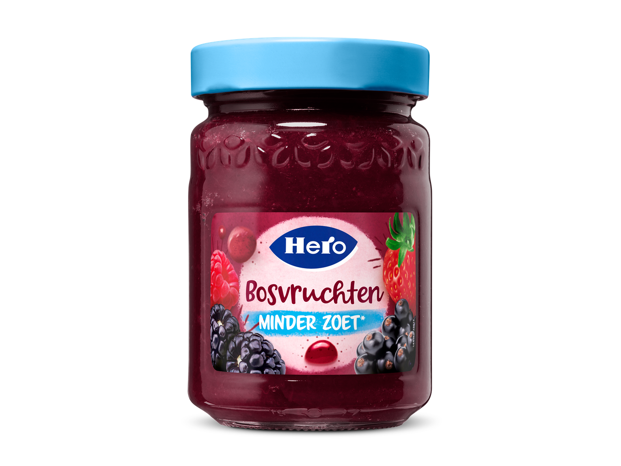 Een pot bosvruchtenjam met een blauw deksel en een etiket met fruit en de tekst 'Minder Zoet'.