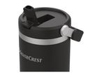 Black Silvercrest travel mug with a silver band and a flip-top lid.