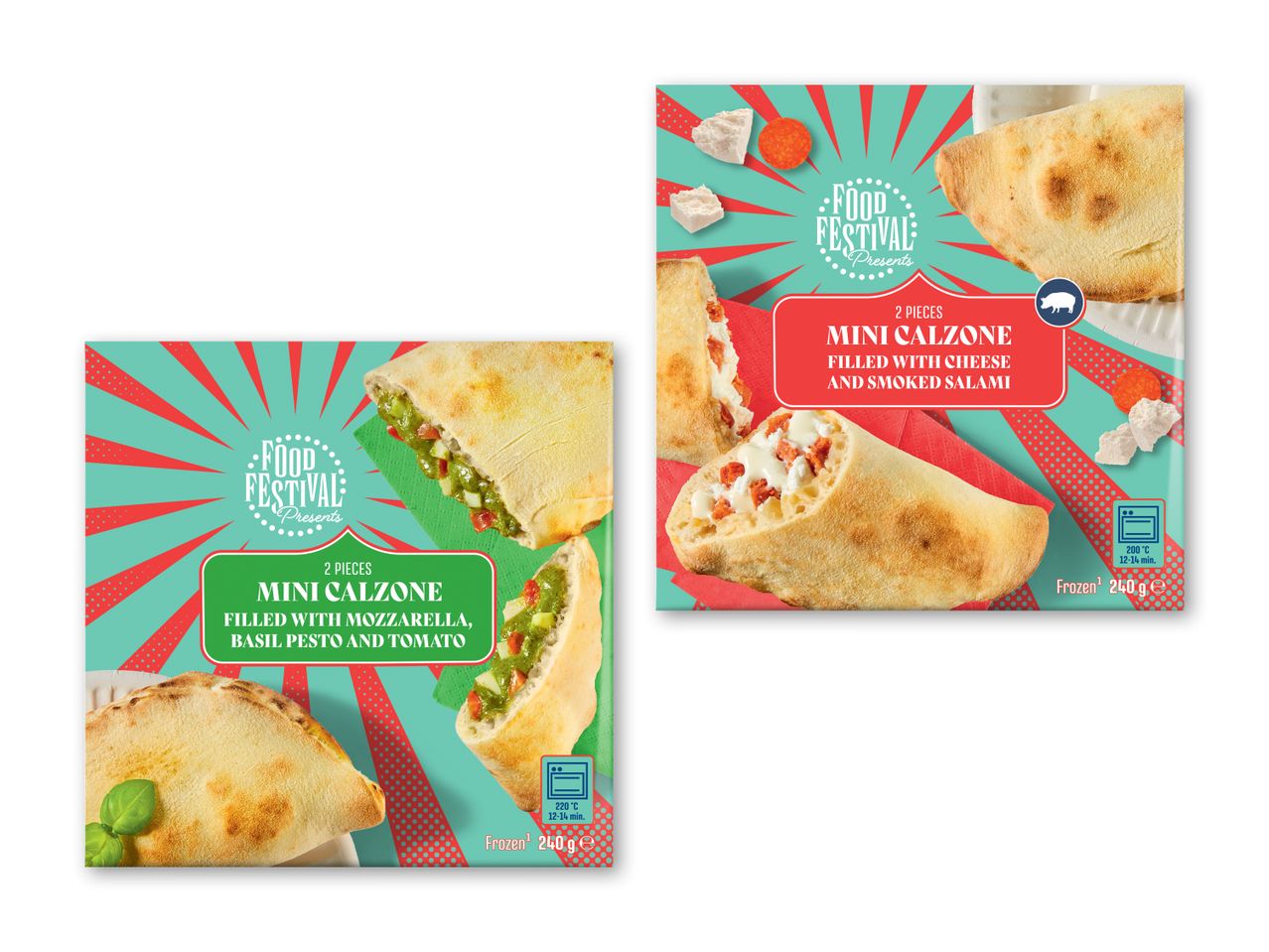 To pakker minicalzoner, en med mozzarella, pesto og tomat, den anden med ost og salami.