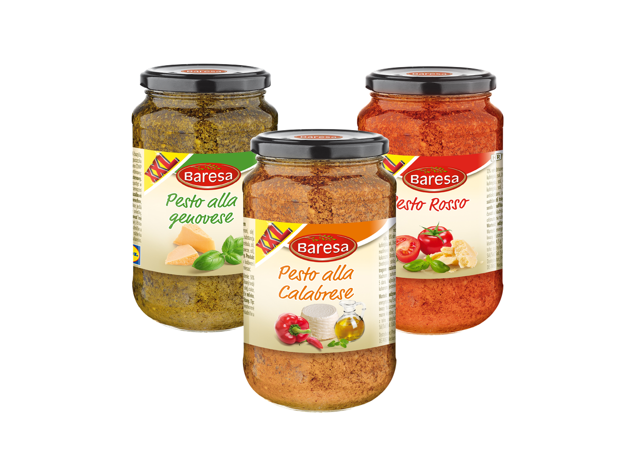 Tri staklenke Baresa pesta: Pesto alla genovese, Pesto alla Calabrese i Pesto Rosso.