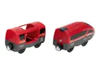 Two red and grey toy trains, one with an open top and the other with control buttons.
