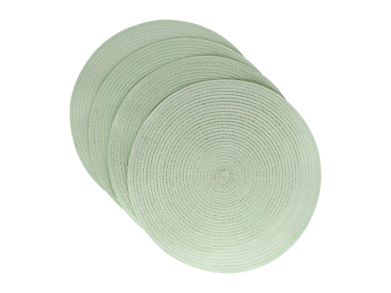 Stack of five light green round woven placemats